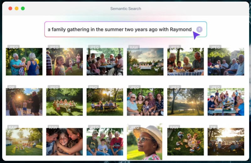 A computer screen displays a photo search for "a family gathering in the summer two years ago with Raymond," showing several thumbnail images of people outdoors at a picnic or gathering on a sunny day.