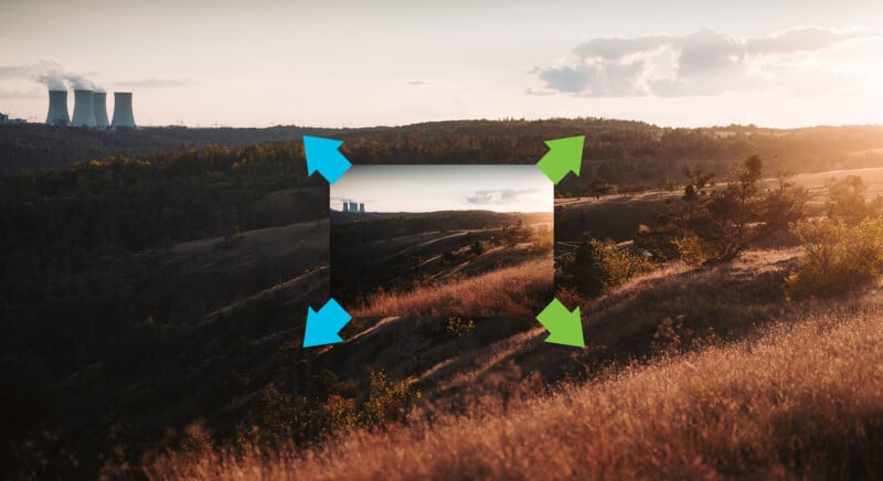 A hilly landscape at sunset with a power plant in the distance; a square frame with blue and green arrows highlights and enlarges part of the view, focusing on the power plant.