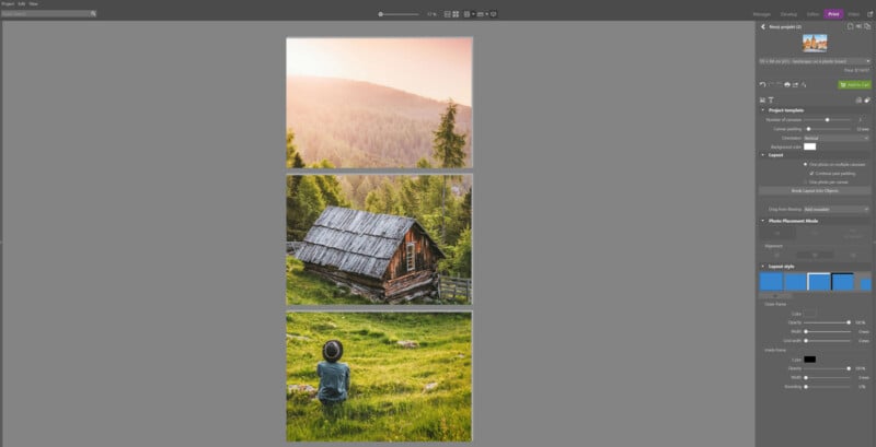 A screenshot of a photo editing software showing three stacked images: a sunlit mountain forest, a rustic wooden cabin, and a person sitting on grass facing the cabin. Editing tools and adjustment panels appear on the right.