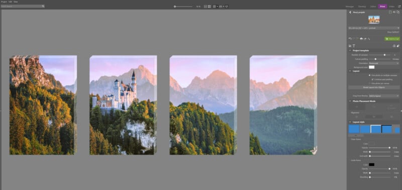 Screenshot of a photo editing software showing a four-panel canvas split of a scenic mountain landscape with a castle among trees; editing options and layout settings are visible on the right.