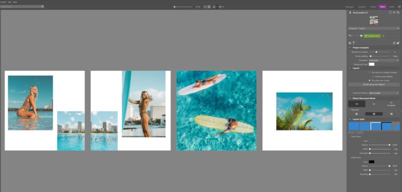 Screenshot of a photo editing software showing five images: a woman in a pool, a cityscape with water, a woman holding a surfboard, two people paddleboarding, and palm tree leaves against a blue sky. Editing tools are visible on the right.