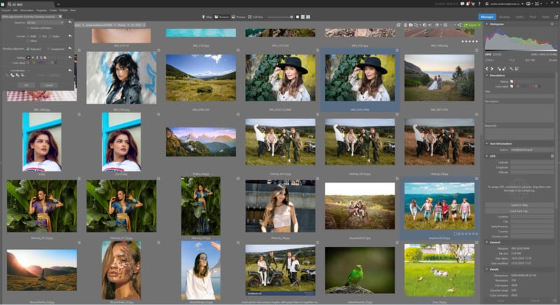 A computer screen displays a photo management program with thumbnails of various images, including portraits, landscapes, people outdoors, and animals. Editing tools and image information panels are visible on the sides.