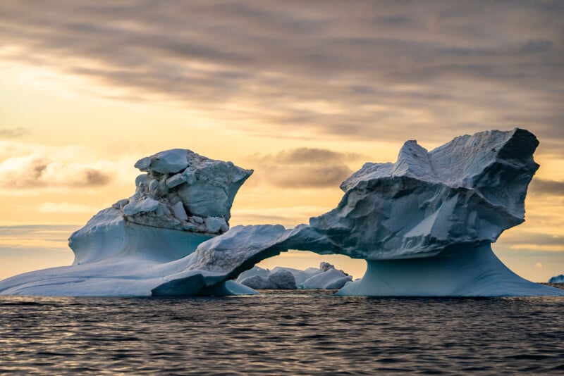 Large, jagged icebergs floating on calm ocean water under a cloudy sky at sunset, with warm golden light illuminating the scene and reflecting off the water.