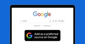 Google homepage on a laptop screen with "Petapixel" typed in the search bar. A black banner below reads, “Add as a preferred source on Google,” with a colorful Google ‘G’ logo on the left.