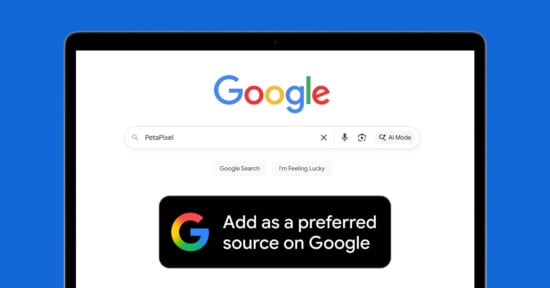 Google homepage on a laptop screen with "Petapixel" typed in the search bar. A black banner below reads, “Add as a preferred source on Google,” with a colorful Google ‘G’ logo on the left.