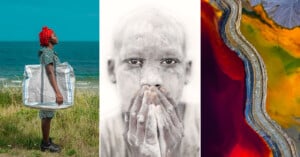 A triptych: Left, a woman with a red headwrap stands by the sea carrying a large bag; center, a person with white powder on their face covers their mouth; right, an aerial view of vibrant, multicolored land formations.