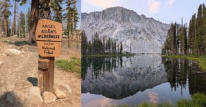 A wooden sign reads “Ansel Adams Wilderness, Sierra National Forest” among tall pine trees. Next to it, a serene lake reflects a rocky mountain and more pines under a partly cloudy sky.