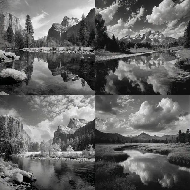 A collage of four black and white landscape photos featuring mountains, trees, and rivers, each scene reflected in the calm water, with dramatic cloudy skies overhead.