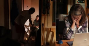 A dimly lit home scene split in two: on the left, a man and a woman greet a dog at the door; on the right, the woman sits at a table, looking down with her head in her hand beside an open laptop.