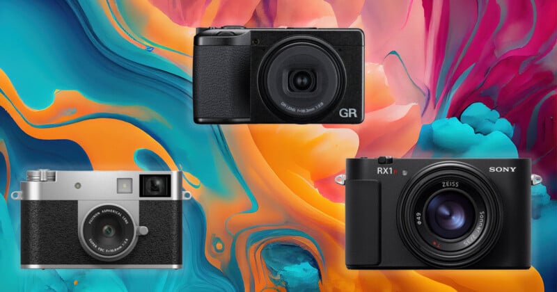 Three compact cameras are displayed against a vibrant, abstract background with swirling orange, blue, and pink colors. The cameras are positioned in the center, top right, and bottom left of the image.