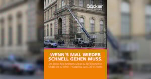 A Böcker cargo lift is positioned against a historic stone building, reaching an upper window. Two police cars and orange cones block the street. Text overlay promotes the lift’s speed and electric motor.