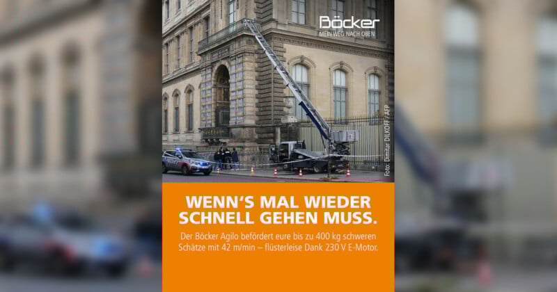 A Böcker cargo lift is positioned against a historic stone building, reaching an upper window. Two police cars and orange cones block the street. Text overlay promotes the lift’s speed and electric motor.