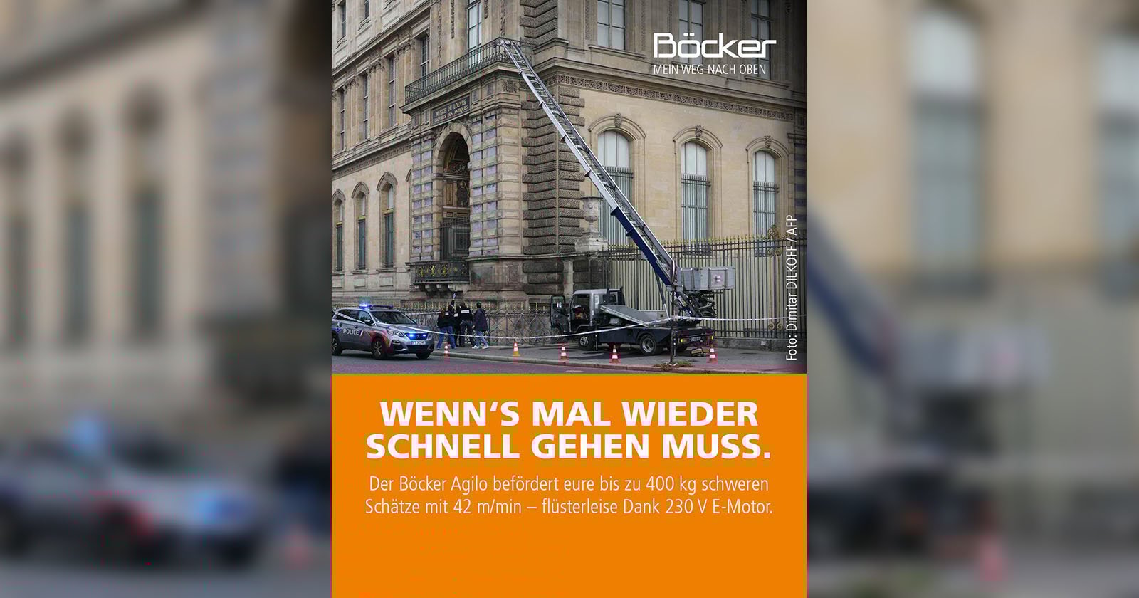 A Böcker cargo lift is positioned against a historic stone building, reaching an upper window. Two police cars and orange cones block the street. Text overlay promotes the lift’s speed and electric motor.