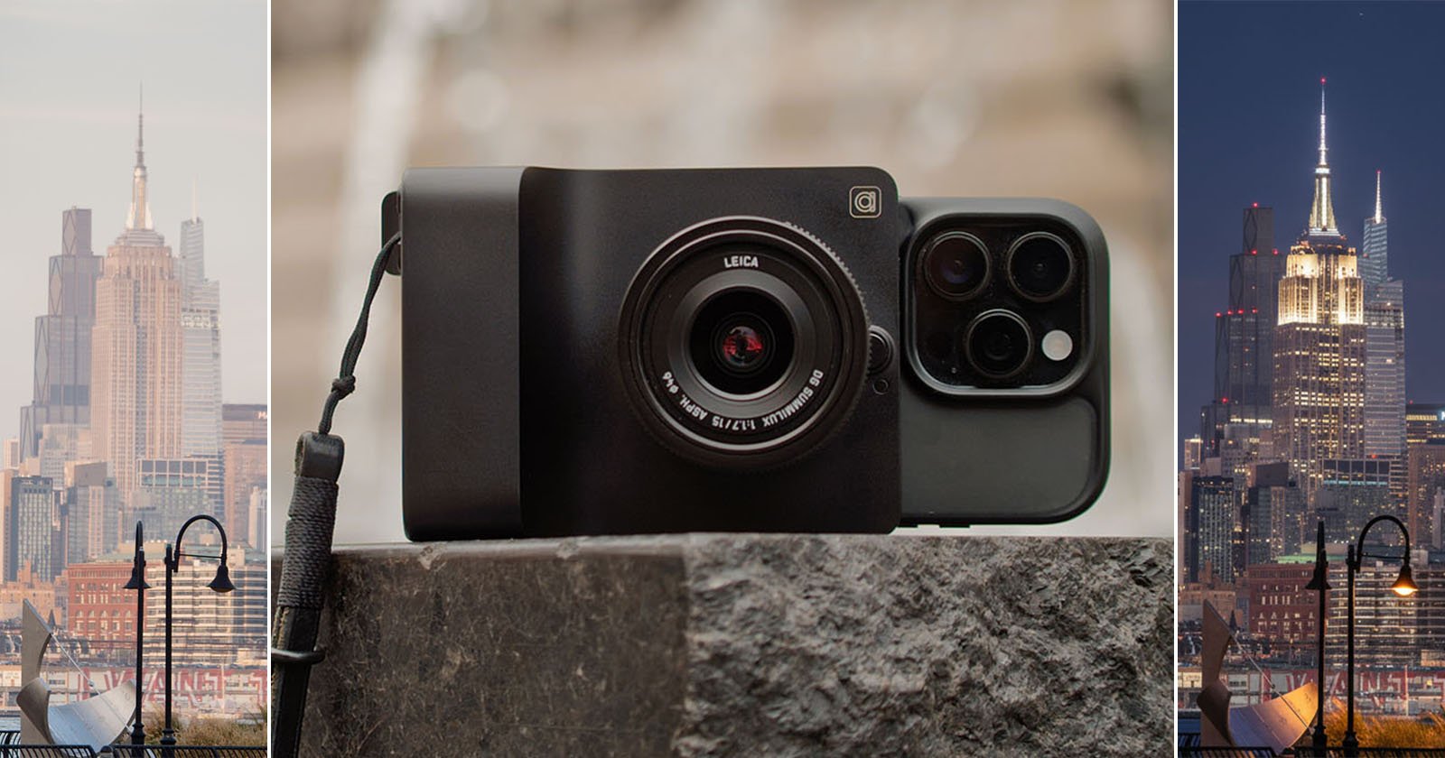 A Leica camera with a lens attachment is mounted on a smartphone, placed on a stone surface. On either side are photos of the Empire State Building taken at different times of day.