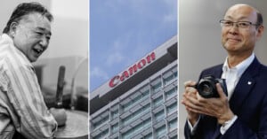 A triptych showing: a smiling man working with tools, the Canon logo on a tall building, and a man in a suit holding a camera and smiling.