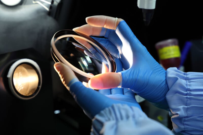 A person wearing blue gloves and a lab coat holds a petri dish or glass plate under bright laboratory lights, working in a scientific or medical lab setting.