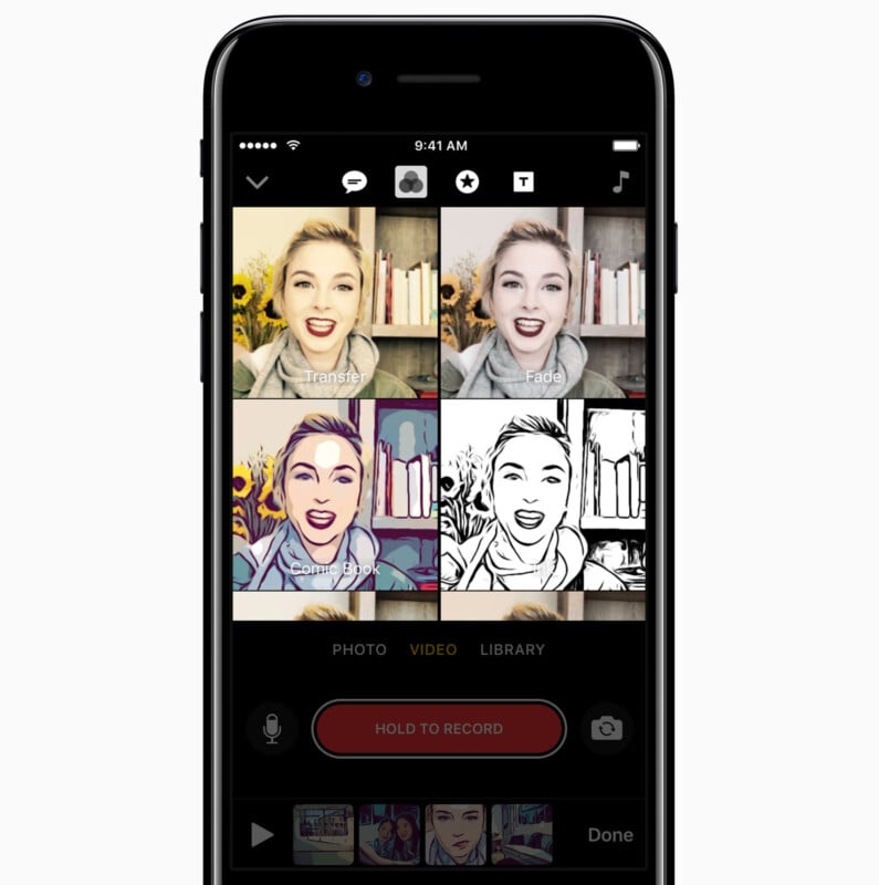 A smartphone screen displays a video app with six filter options, each showing a woman smiling in front of shelves. The filters include comic, sketch, and color effects. The screen has photo, video, and library tabs.