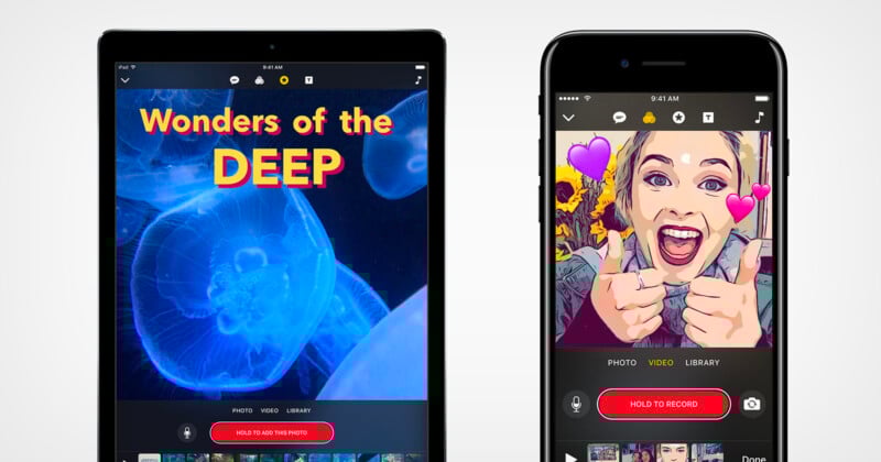 Two mobile device screens display creative video editing apps. The left screen shows blue jellyfish with the text "Wonders of the DEEP," while the right screen shows a woman with cartoon effects and pink heart stickers.