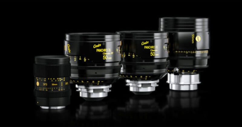 Four black camera lenses with yellow and white markings, arranged in a row on a black reflective surface. The lenses display "Cooke Panchro/i Classic" and focal lengths including 35mm and 50mm.