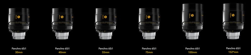 Six black film camera lenses labeled Panchro 65/i, displayed side by side, each marked with its focal length: 30mm, 40mm, 55mm, 75mm, 100mm, and 152mm, against a black background.