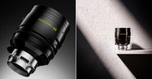 Split image: On the left, a close-up of a black Panchro 65 camera lens with yellow text on a dark background. On the right, the same lens stands on a ledge, illuminated by sunlight against a textured wall.