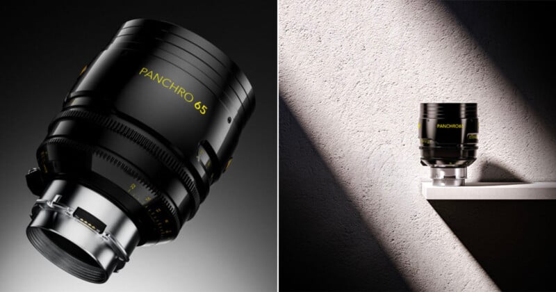 Split image: On the left, a close-up of a black Panchro 65 camera lens with yellow text on a dark background. On the right, the same lens stands on a ledge, illuminated by sunlight against a textured wall.