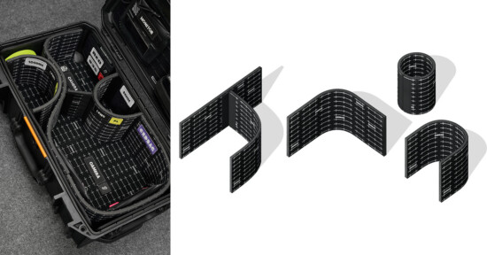 A black carrying case contains several rolled and folded flexible solar panels. Next to the case, three solar panels are displayed unrolled in different shapes against a white background.