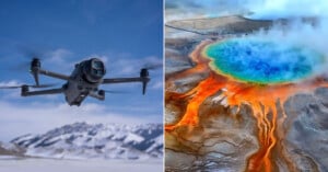 Left: A drone flying in front of snow-covered mountains. Right: An aerial view of the colorful Grand Prismatic Spring in Yellowstone National Park, with vibrant blue, green, yellow, and orange rings.