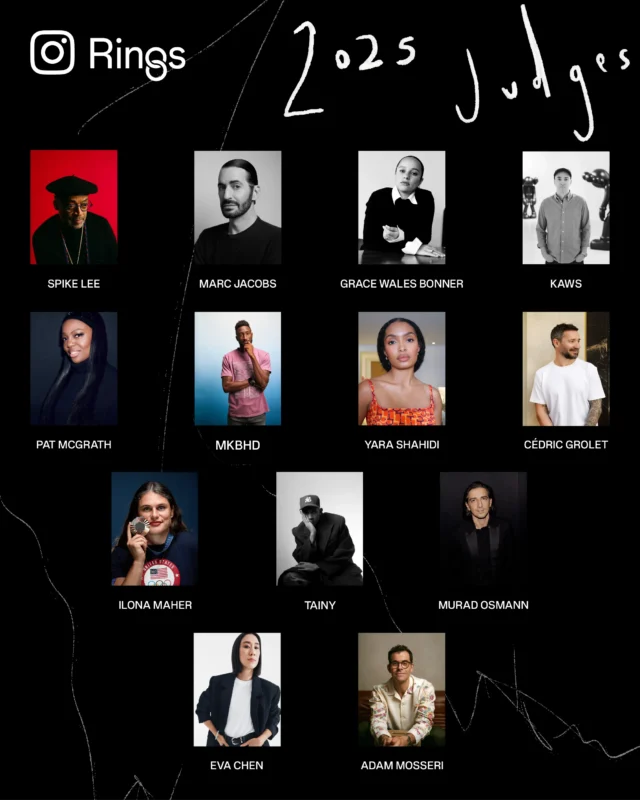 A collage of fifteen portraits labeled “2025 Judges” for Instagram Rings, featuring diverse individuals including Spike Lee, Marc Jacobs, Grace Wales Bonner, KAWS, and others, arranged in three rows on a black background.
