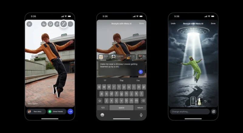 Three smartphone screens show an app where a photo of a person jumping is edited with AI. The left shows the original, the center enters a prompt about a UFO, and the right displays the person being abducted by a UFO.