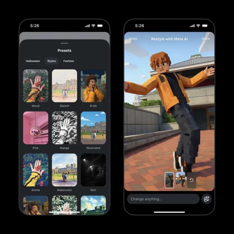 Two smartphone screens show an app interface. The left screen displays various art style presets like Sketch, 8-bit, Manga, and Anime. The right screen shows a photo transformed into an 8-bit, blocky cartoon style.