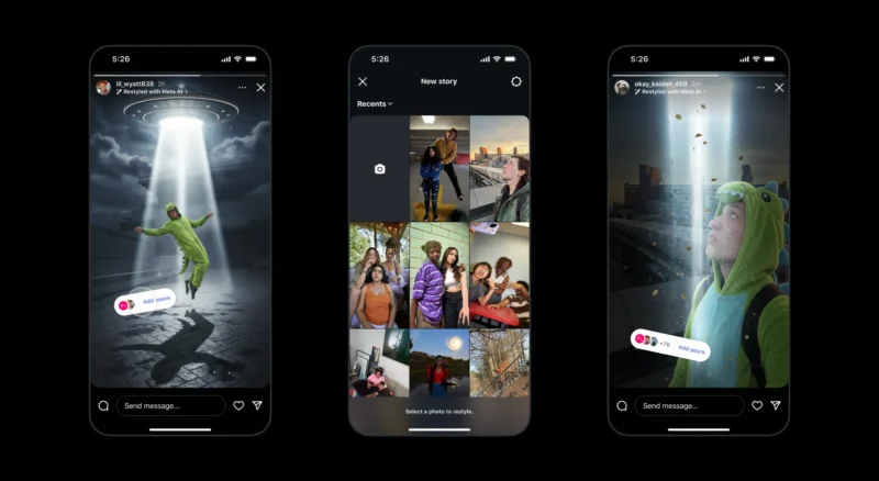 Three smartphone screens display social media stories: the left and right screens show a person in a dinosaur costume in a city under a beam of light, while the center screen shows photo selection options.