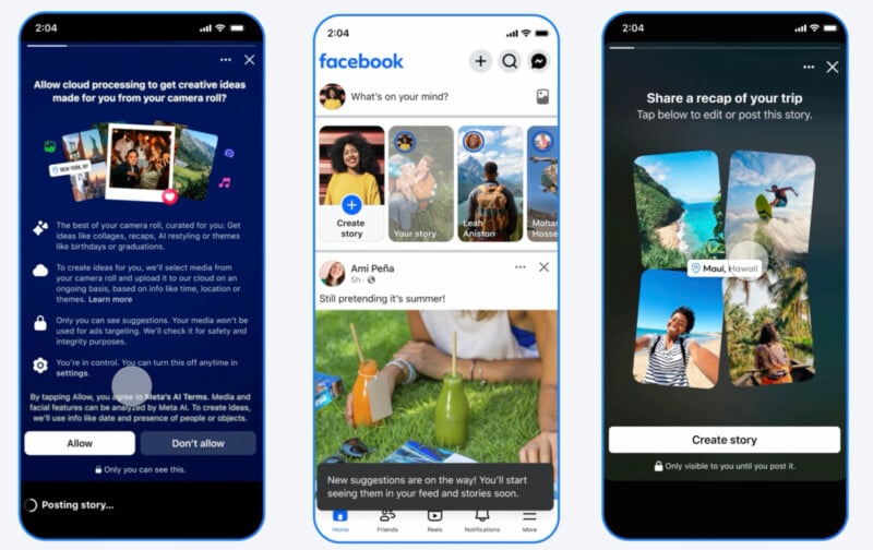 Three smartphone screens show Facebook Story creation steps: enabling camera roll access, viewing story suggestions in the feed, and editing or posting a trip recap with location tags and photos.