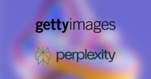The image shows the logos of Getty Images and Perplexity on a blurred, colorful purple background. The Getty Images logo is black text; the Perplexity logo features a geometric icon and green text.