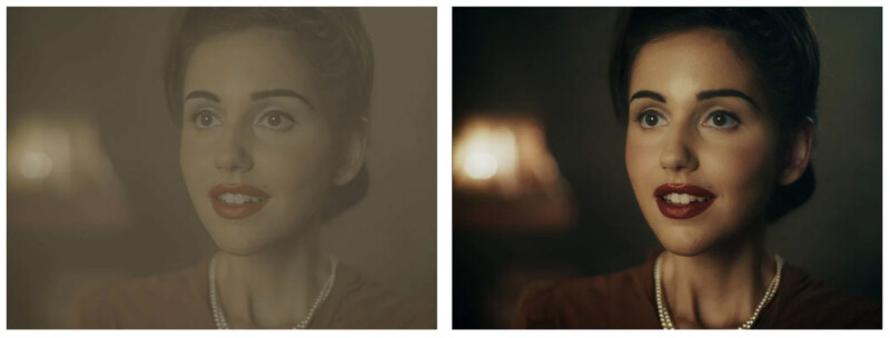 Una comparación lado a lado de retratos femeninos. La imagen de la izquierda está borrosa y la imagen de la derecha es clara. Ella sonríe bajo el lápiz labial rojo, el collar de perlas y la suave luz de fondo.