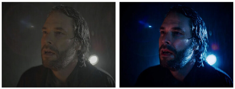Las imágenes una al lado de la otra son de un hombre barbudo y mojado que mira hacia arriba bajo una iluminación espectacular; la imagen de la izquierda es más brillante, con un fondo neutro, mientras que la imagen de la derecha es más oscura, con una luz azul detrás.