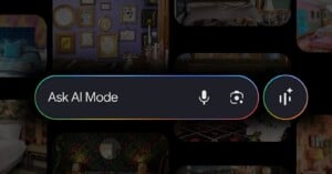 A digital interface with a search bar labeled "Ask AI Mode," showing microphone, camera, and equalizer icons, overlaid on a background of blurred, colorful images and framed artwork.