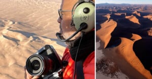 A person wearing a headset holds a camera while flying over a vast desert landscape; on the right, an aerial view shows sunlit sand dunes casting long shadows.