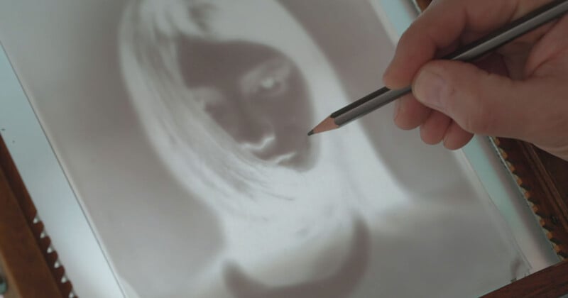 A hand holds a pencil over a sheet with a blurred, high-contrast, monochrome image of a person’s face, preparing to trace the outline of the portrait.