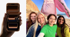 On the left, a hand holds a smartphone with a glowing abstract design on the screen. On the right, four young women smile and pose for a selfie on a sunny beach with cliffs and a pink-striped towel behind them.