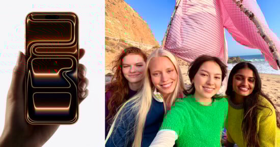 On the left, a hand holds a smartphone with a glowing abstract design on the screen. On the right, four young women smile and pose for a selfie on a sunny beach with cliffs and a pink-striped towel behind them.