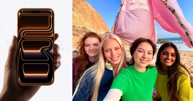 A la izquierda, una mano sostiene un teléfono inteligente con un diseño abstracto brillante en la pantalla. A la derecha, cuatro mujeres jóvenes sonríen y posan para una selfie en una playa soleada, con acantilados y toallas de rayas rosas detrás.