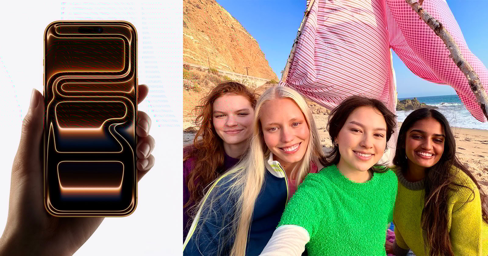 On the left, a hand holds a smartphone with a glowing abstract design on the screen. On the right, four young women smile and pose for a selfie on a sunny beach with cliffs and a pink-striped towel behind them.