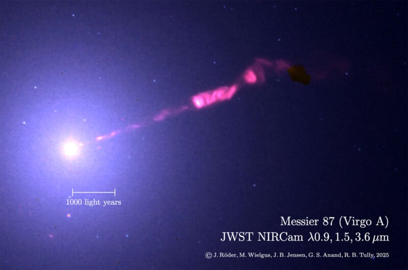 A bright spot with a long, glowing pink jet extends across space in a deep blue background. Text labels mark scales and details: "Messier 87 (Virgo A)", "JWST NIRCam", and a 1000 light year scale bar.