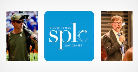 A collage with three panels: a man with sunglasses and camera gear on the left, the Student Press Law Center blue logo in the center, and a man in a suit speaking into a microphone on the right.