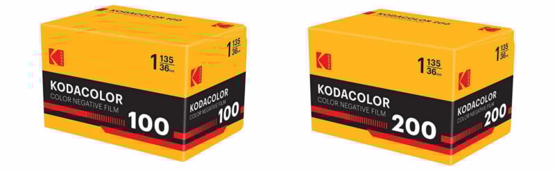 Two yellow Kodak film boxes labeled "Kodacolor Color Negative Film," one with "100" ISO and the other with "200" ISO, each marked for 35mm film with 36 exposures.
