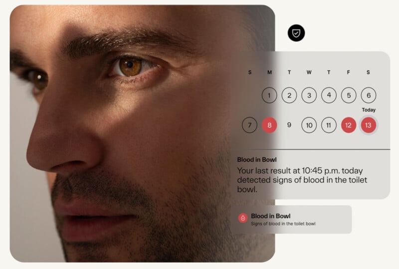 A close-up of a man’s face appears next to a calendar indicating today’s date, with highlighted dates, and a medical alert reading: "Blood in Bowl—last result at 10:45 p.m. today detected signs of blood in the toilet bowl.