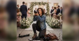 A woman kneels with a camera, photographing a wedding ceremony outdoors. She is surrounded by camera equipment, with guests, floral arrangements, and a decorated archway visible in the background.