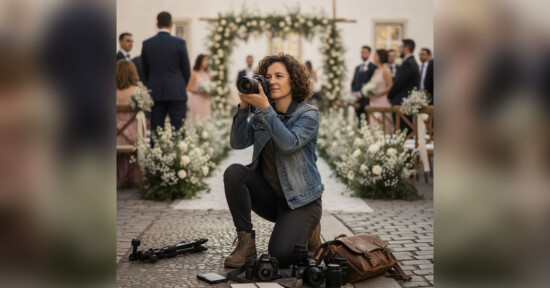 A woman kneels with a camera, photographing a wedding ceremony outdoors. She is surrounded by camera equipment, with guests, floral arrangements, and a decorated archway visible in the background.