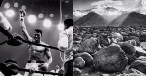 A black-and-white split image: on the left, a triumphant boxer raises his fist in a ring under bright lights; on the right, large boulders scatter across a rocky landscape with mountains and dramatic clouds in the background.